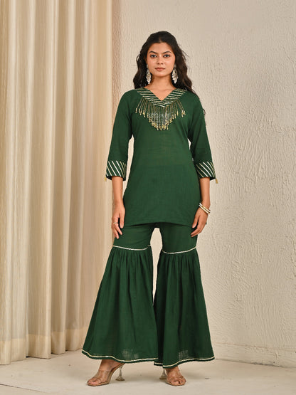 Olive Green sharara set with organza dupatta