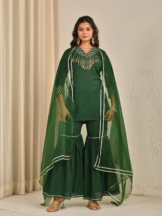Olive Green sharara set with organza dupatta