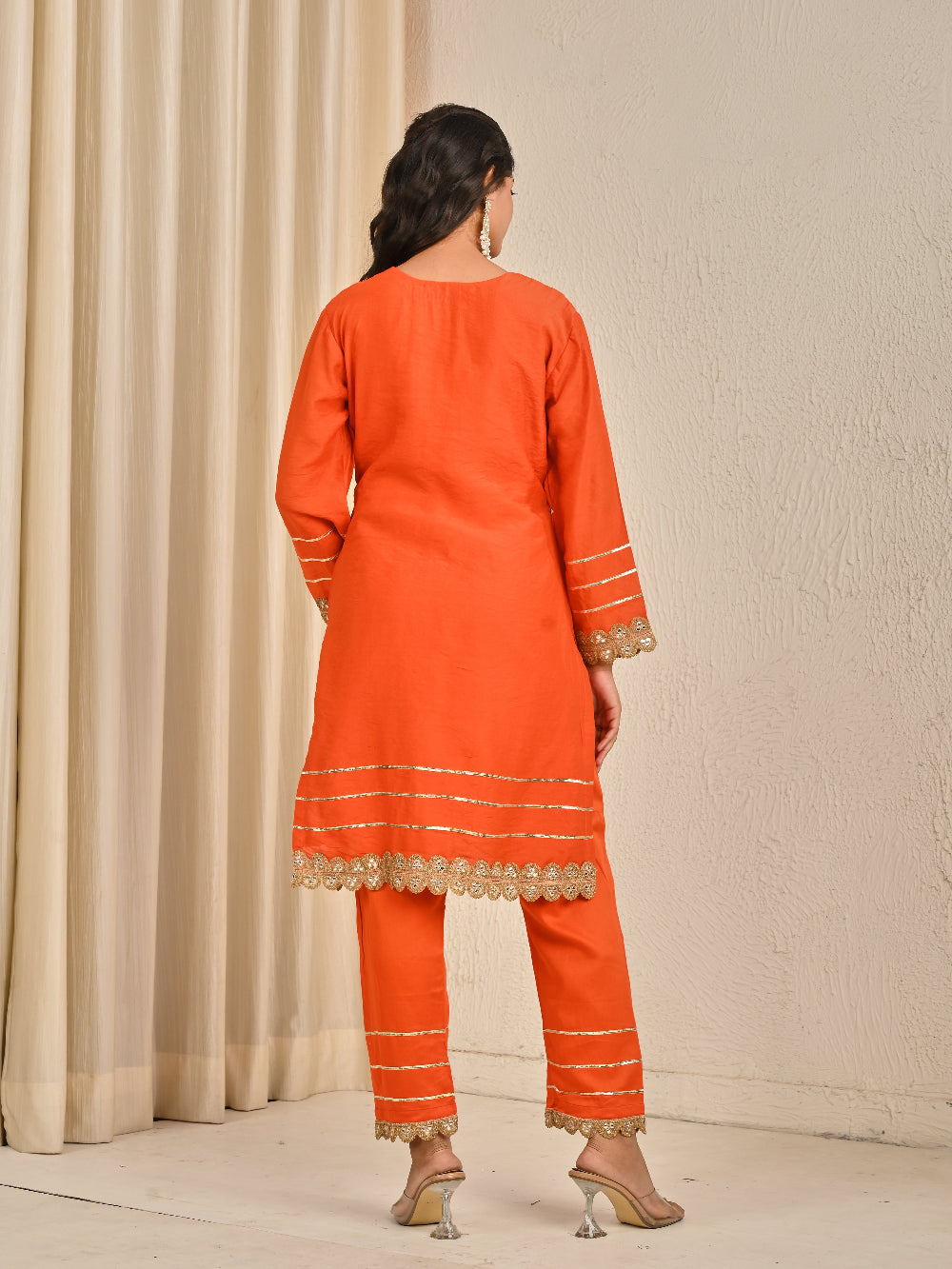Rust Orange Mul Chanderi kurta set with Organza Dupatta