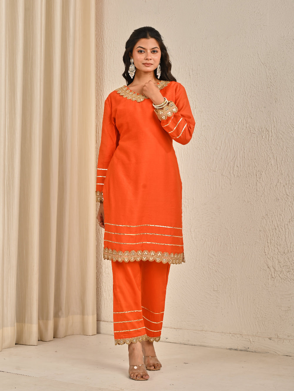 Rust Orange Mul Chanderi kurta set with Organza Dupatta
