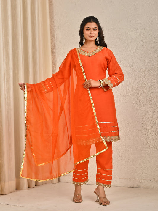 Rust Orange Mul Chanderi kurta set with Organza Dupatta