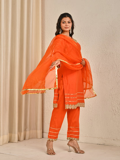 Rust Orange Mul Chanderi kurta set with Organza Dupatta