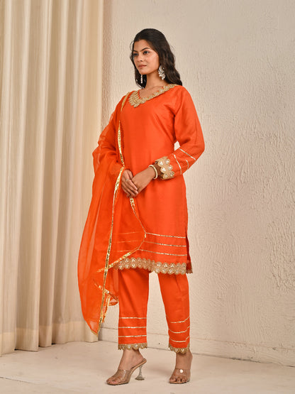 Rust Orange Mul Chanderi kurta set with Organza Dupatta