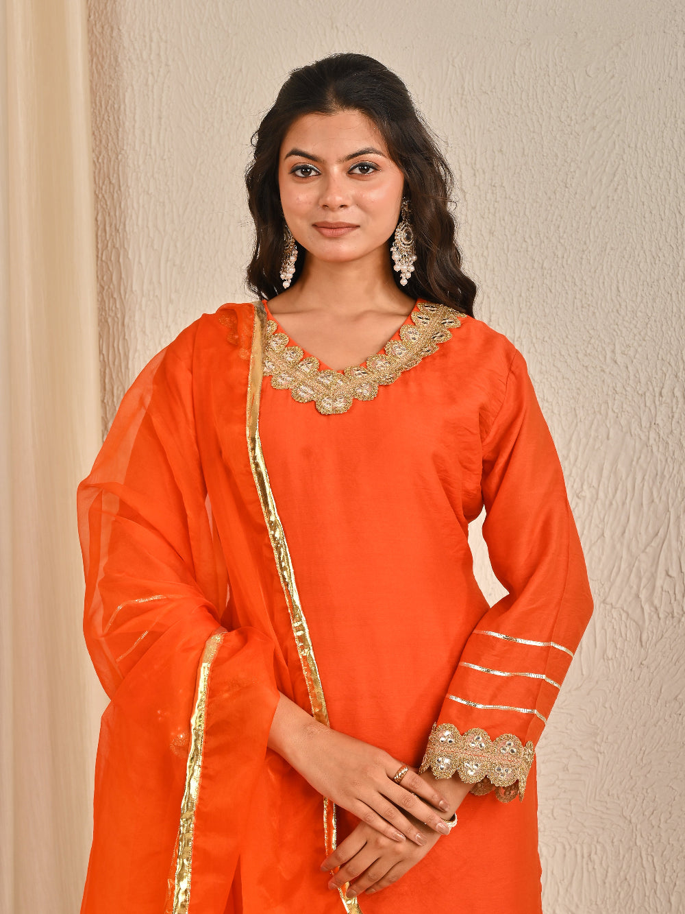 Rust Orange Mul Chanderi kurta set with Organza Dupatta