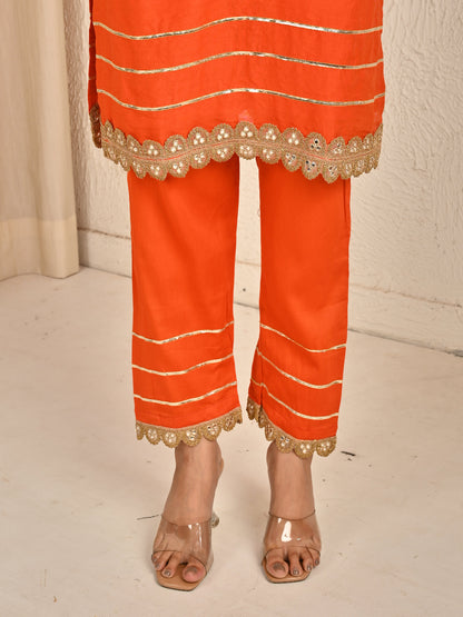 Rust Orange Mul Chanderi kurta set with Organza Dupatta