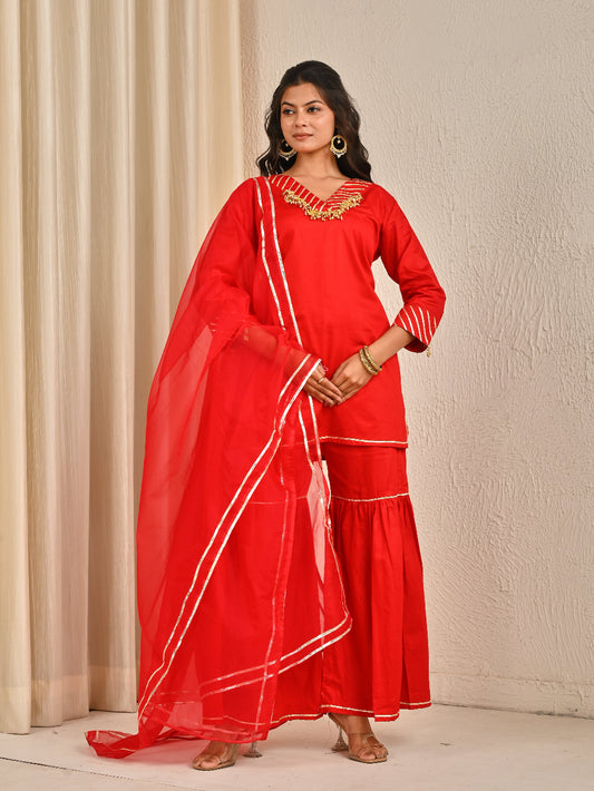 Red sharara set with organza dupatta