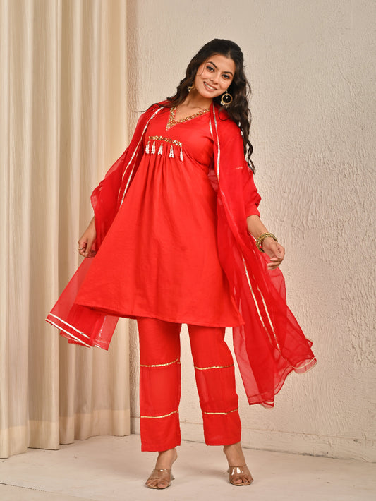 Red Mul Chanderi kurta set with Organza Dupatta