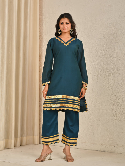 Teal Blue cotton silk  Kurta Set