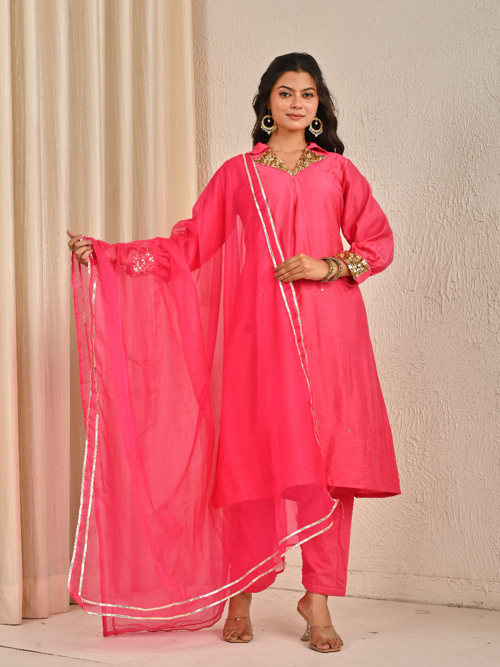 Pink  Mul Chanderi Kurta Set With Organza Dupatta