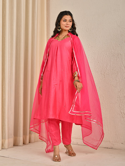 Pink  Mul Chanderi Kurta Set With Organza Dupatta