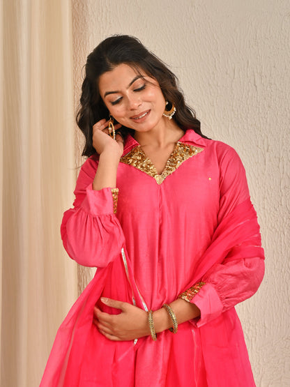 Pink  Mul Chanderi Kurta Set With Organza Dupatta