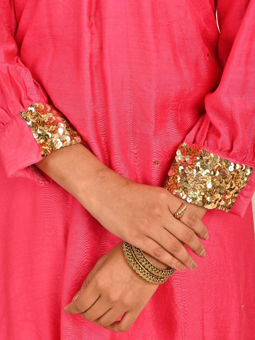 Pink  Mul Chanderi Kurta Set With Organza Dupatta