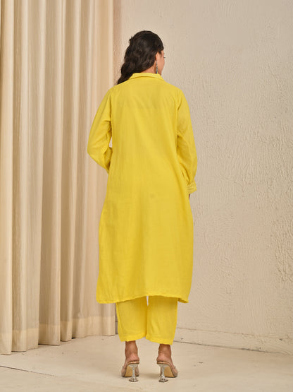 Lime Yellow Mul Chanderi Kurta Set With Organza Dupatta
