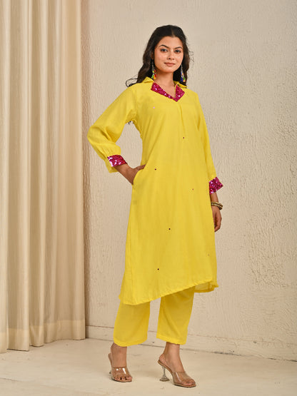 Lime Yellow Mul Chanderi Kurta Set With Organza Dupatta