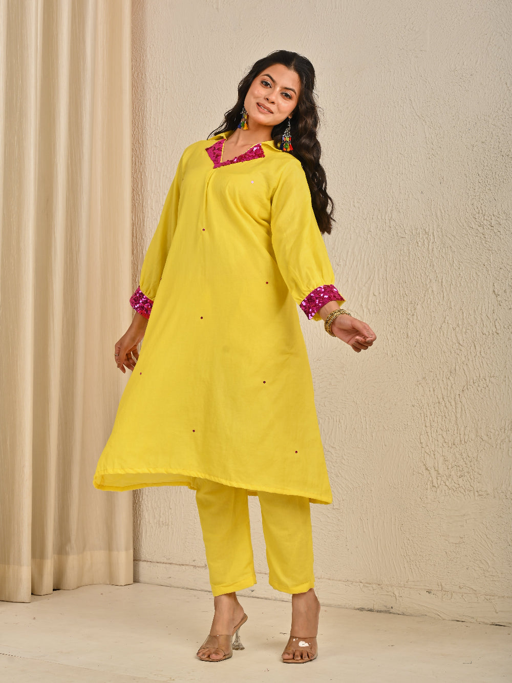Lime Yellow Mul Chanderi Kurta Set With Organza Dupatta