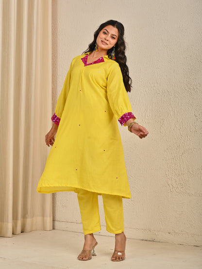 Lime Yellow Mul Chanderi Kurta Set With Organza Dupatta