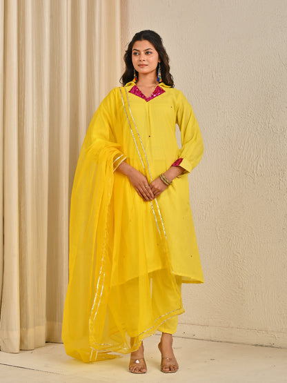 Lime Yellow Mul Chanderi Kurta Set With Organza Dupatta