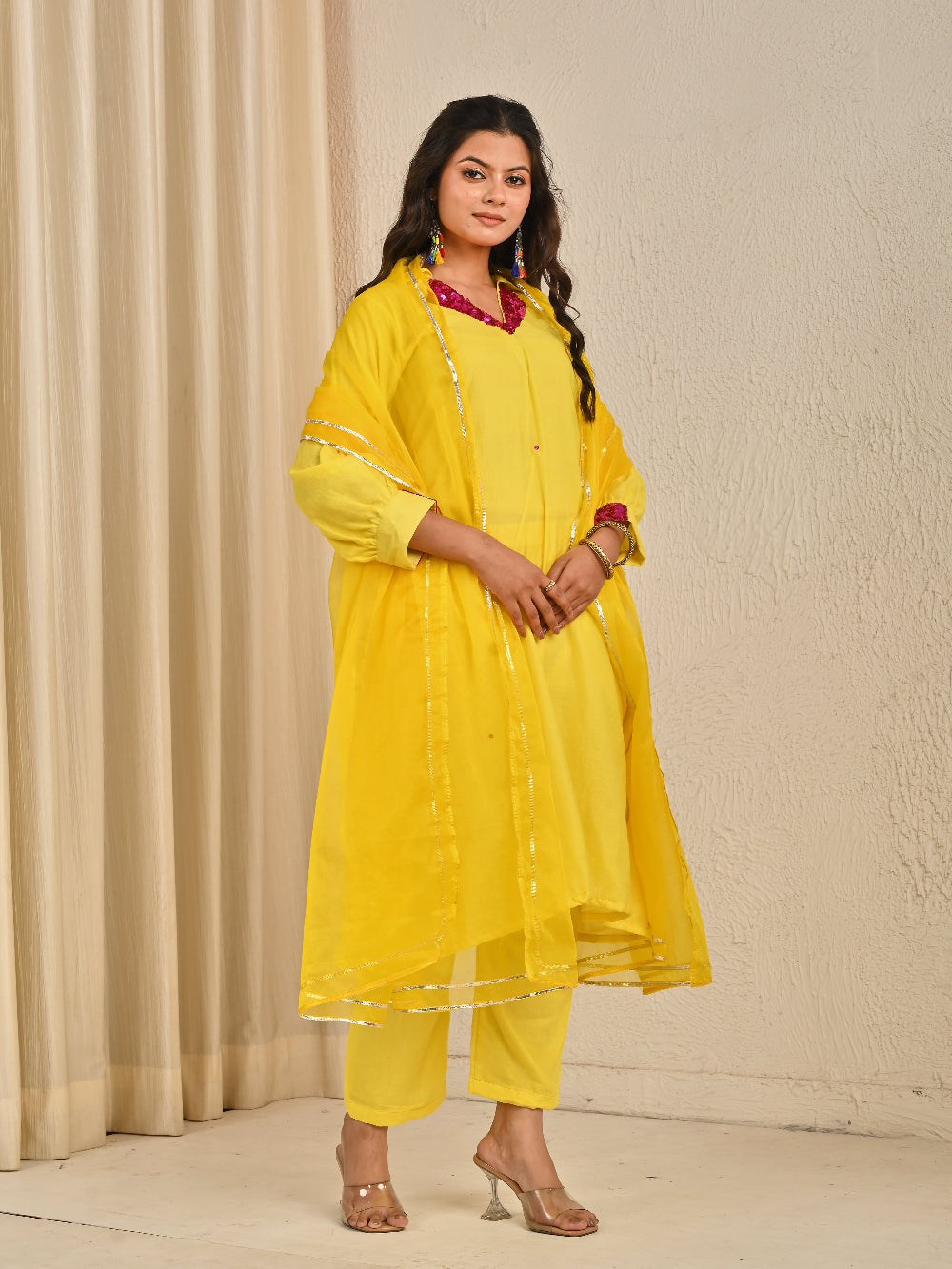 Lime Yellow Mul Chanderi Kurta Set With Organza Dupatta