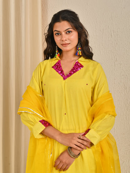 Lime Yellow Mul Chanderi Kurta Set With Organza Dupatta