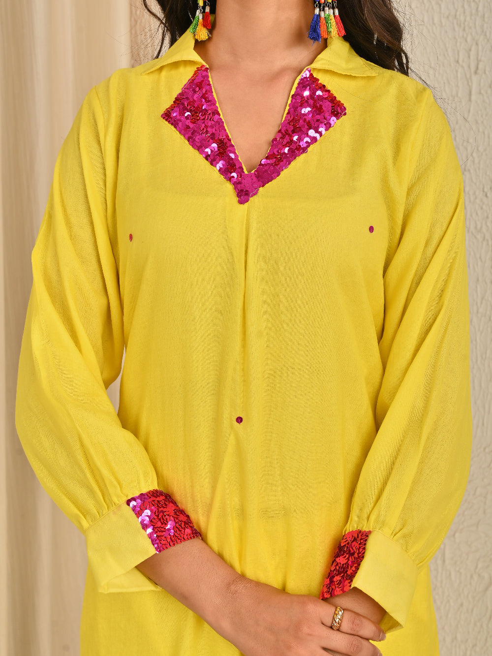 Lime Yellow Mul Chanderi Kurta Set With Organza Dupatta