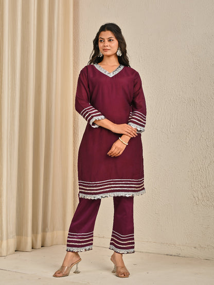 Wine cotton silk  Kurta Set With Organza Dupatta