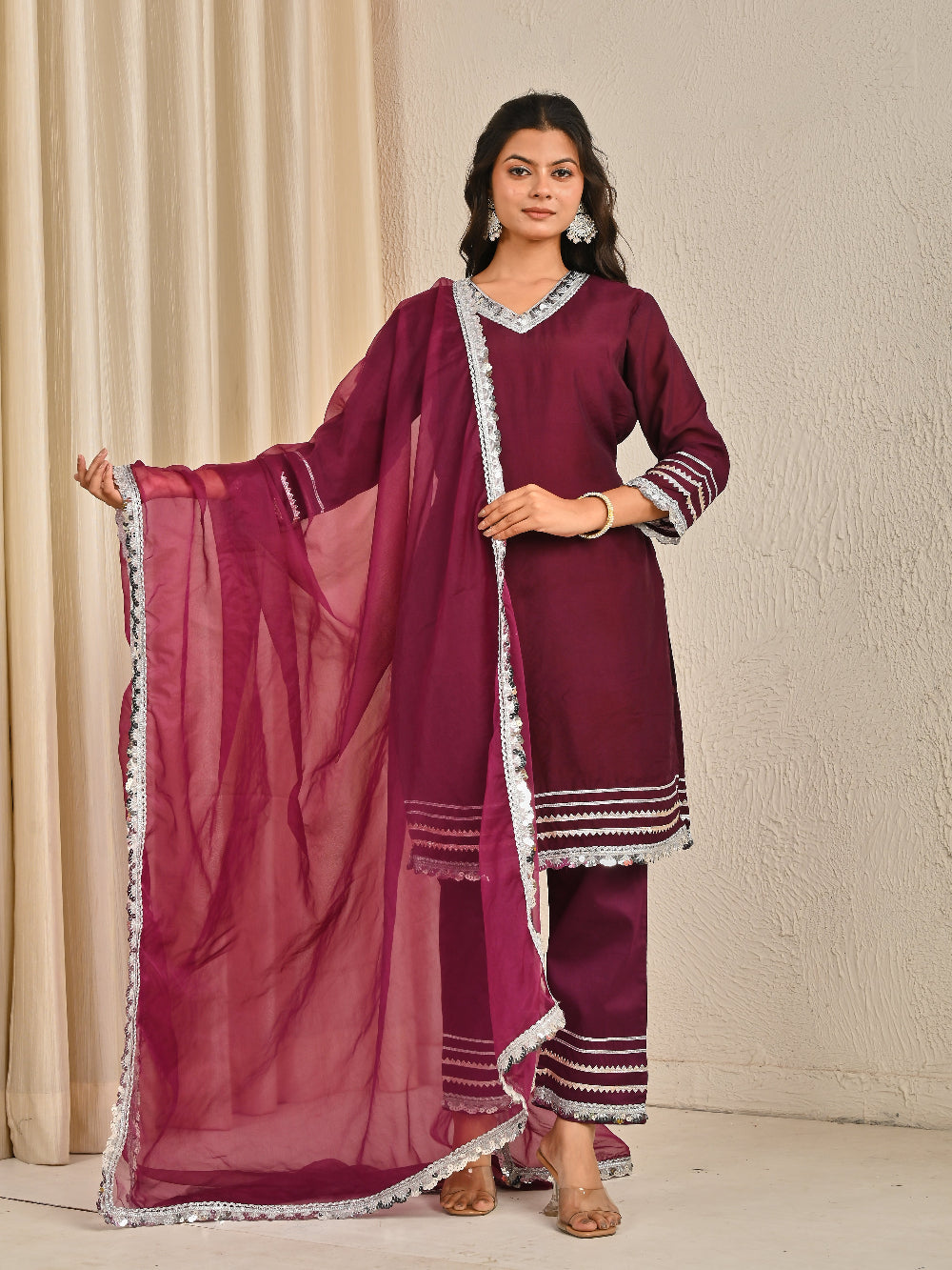Wine cotton silk  Kurta Set With Organza Dupatta