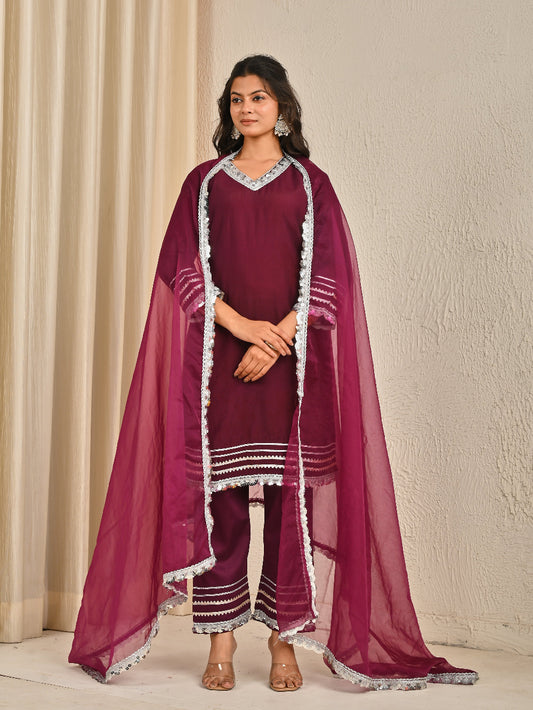 Wine cotton silk  Kurta Set With Organza Dupatta