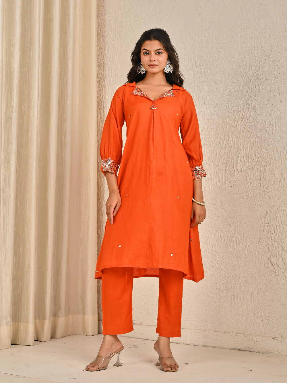 Rust Orange Mul Chanderi Kurta Set