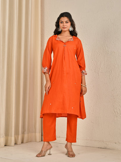 Rust Orange Mul Chanderi Kurta Set