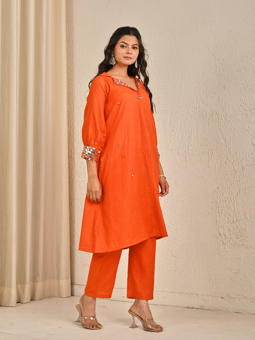 Rust Orange Mul Chanderi Kurta Set