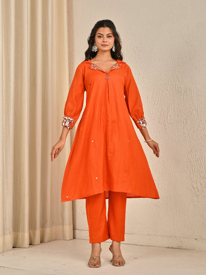 Rust Orange Mul Chanderi Kurta Set