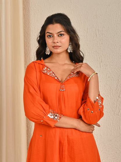 Rust Orange Mul Chanderi Kurta Set