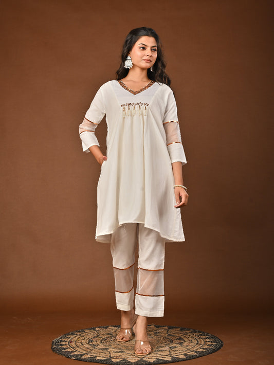 White Mul Chanderi Kurta Set