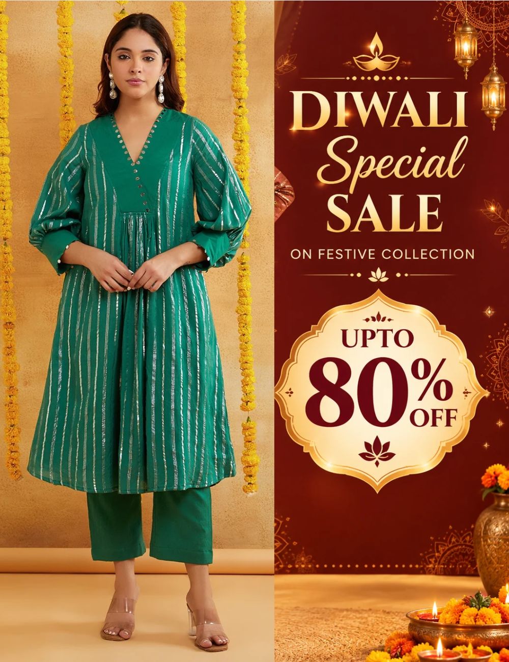 Dark Green Lurex Kurta Pant Set