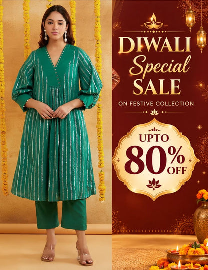 Dark Green Lurex Kurta Pant Set