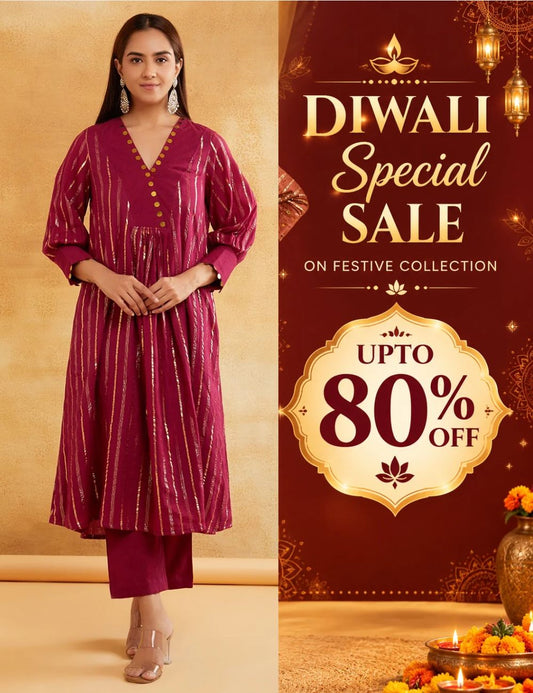 Wine Lurex Kurta And Pant With Sequence Neckline