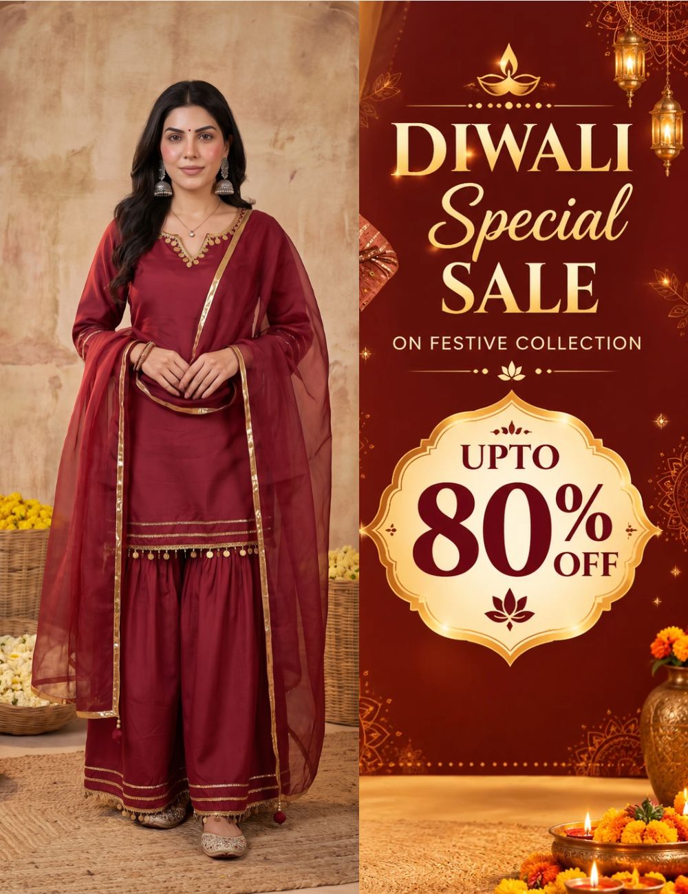 Maroon Lace sharara set with organza dupatta