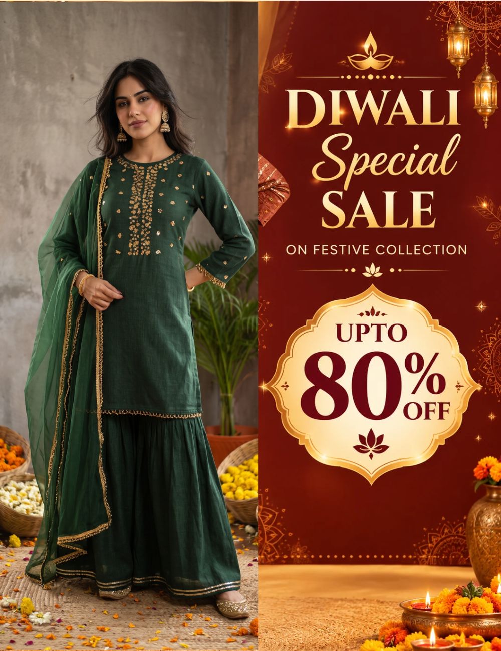 Sequence hand work Bottle Green sharara set with organza dupatta