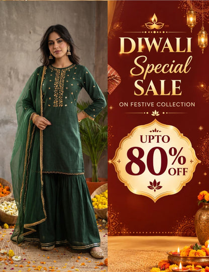 Sequence hand work Bottle Green sharara set with organza dupatta