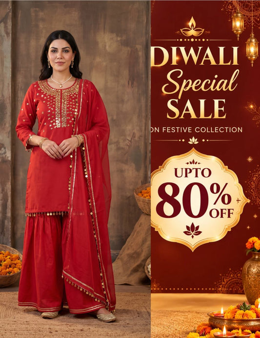 Sequence hand work Red sharara set with organza dupatta