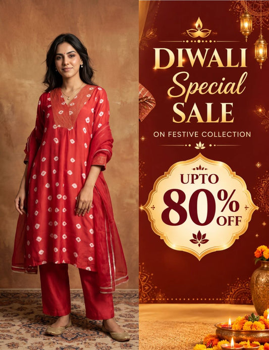 Red hand bandhej  Muslin Silk Kurta set with organza dupatta