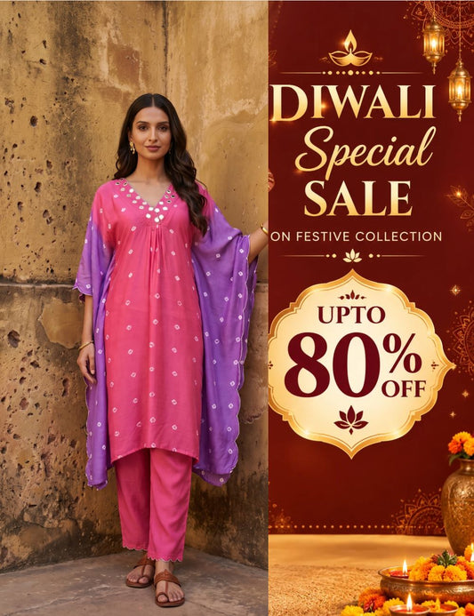 Pink Purple  hand bandhej  Muslin Silk Kaftan set