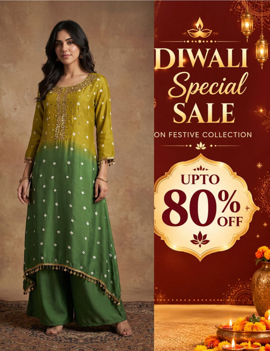 Hand Bandhej Mehendi green ombre Muslin Silk kurta set