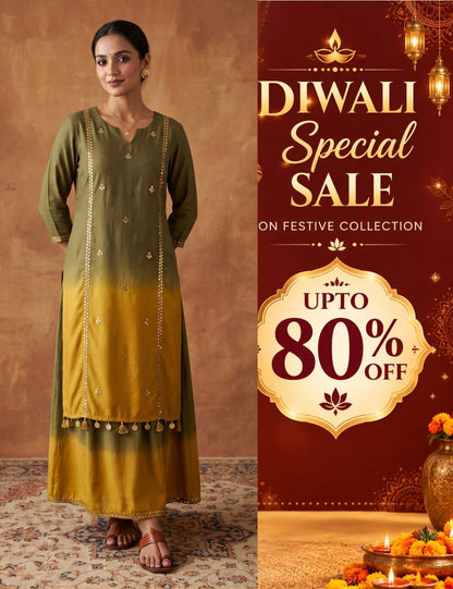 Sequence Hand work Mehendi green ombre Muslin Silk kurta with skirt