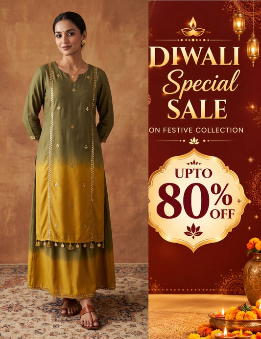 Sequence Hand work Mehendi green ombre Muslin Silk kurta with skirt