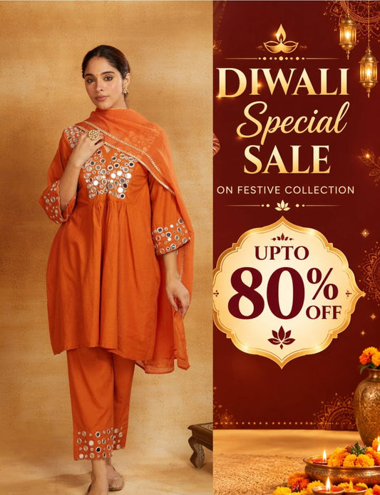 Rust orange kurta, pant, and dupatta with mirror work