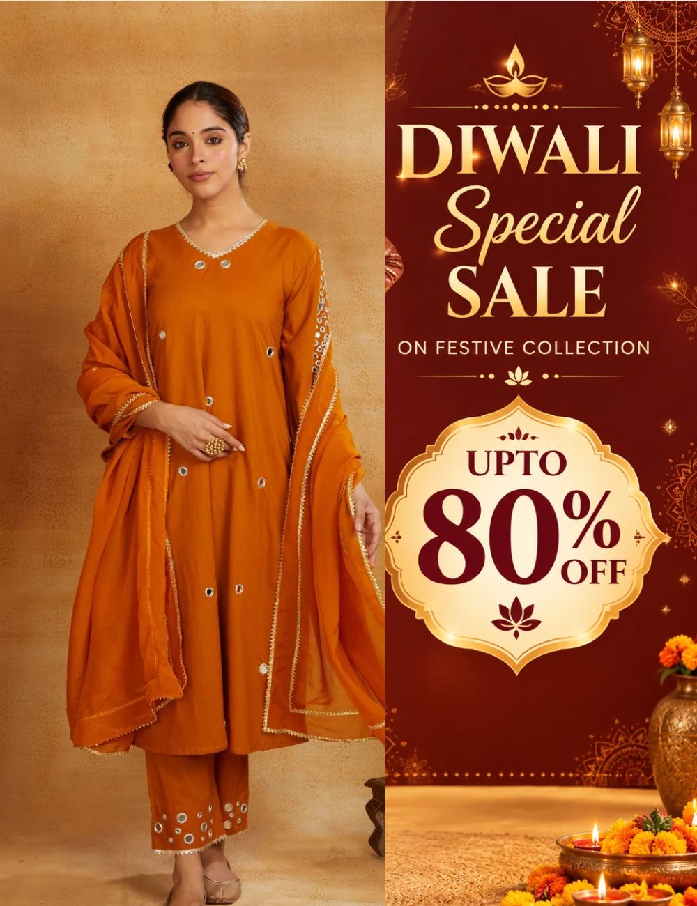 Mustard kurta, pant, and dupatta with mirror work