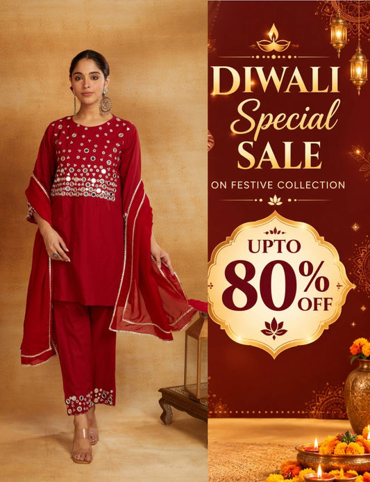 Maroon kurta, pant, and dupatta with mirror work