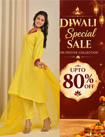 Lime Yellow Mul Chanderi Kurta Set With Organza Dupatta
