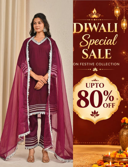 Wine cotton silk  Kurta Set With Organza Dupatta